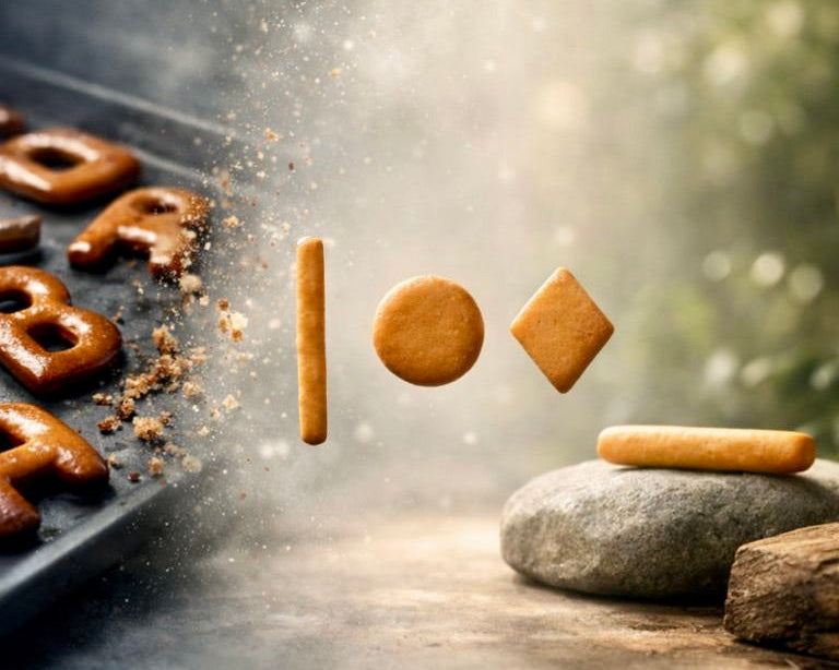 Traditionelle Russisch-Brot-Buchstaben verwandeln sich moderne Qio-Formen (Stäbchen, Taler, Raute) – Visualisierung der Wandlung zum Alphabet des Lebens.