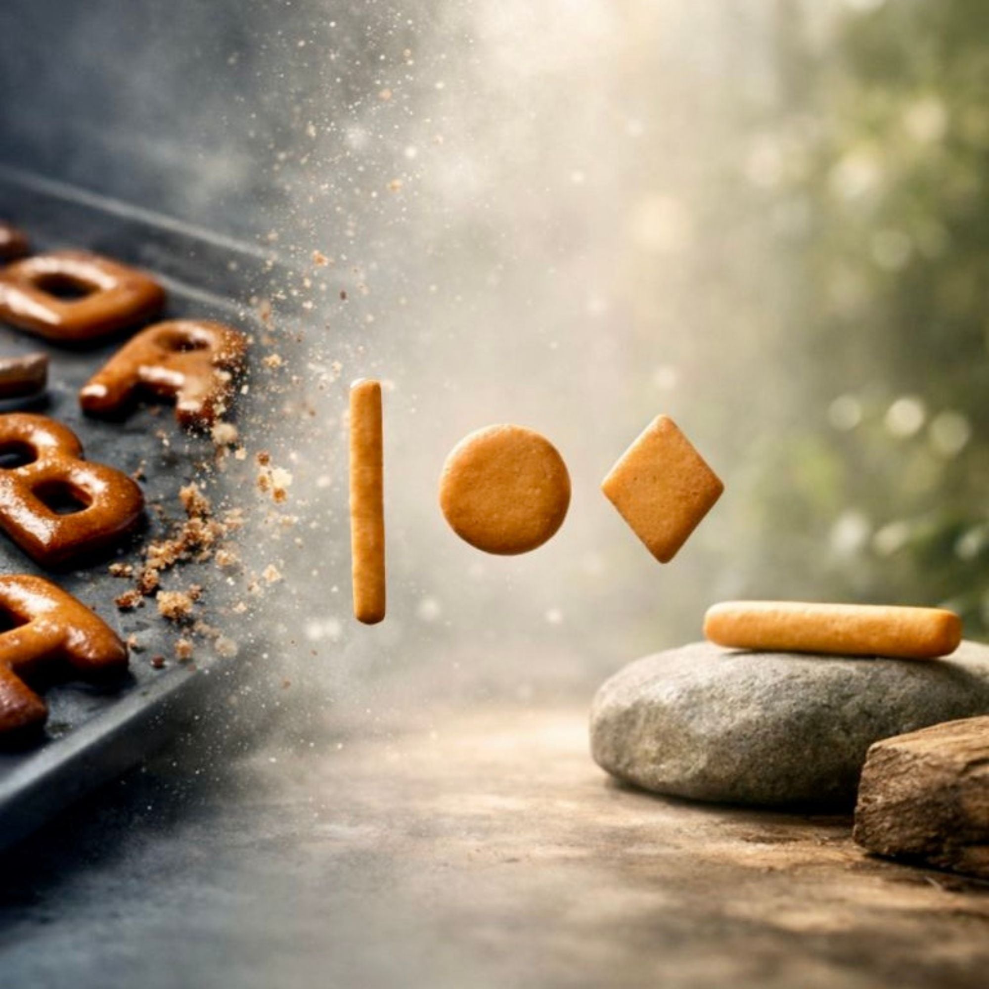 Transformation des Russisch Brot Erbes: Zerfallende Buchstaben-Gebäckstücke lösen sich auf in die neuen QiO Ur-Formen Stab, Kreis und Raute vor dunklem Hintergrund – Das Alphabet des Lebens.