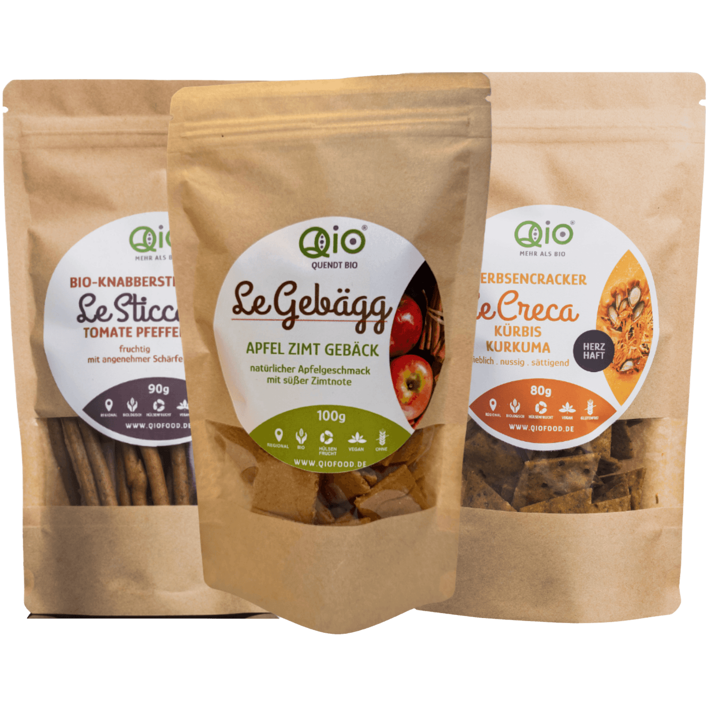 QiO Alphabet des Lebens – 3er Bio-Snack Bundle: Harmonische Zell-Nahrung von fruchtig-süß bis würzig-mild.