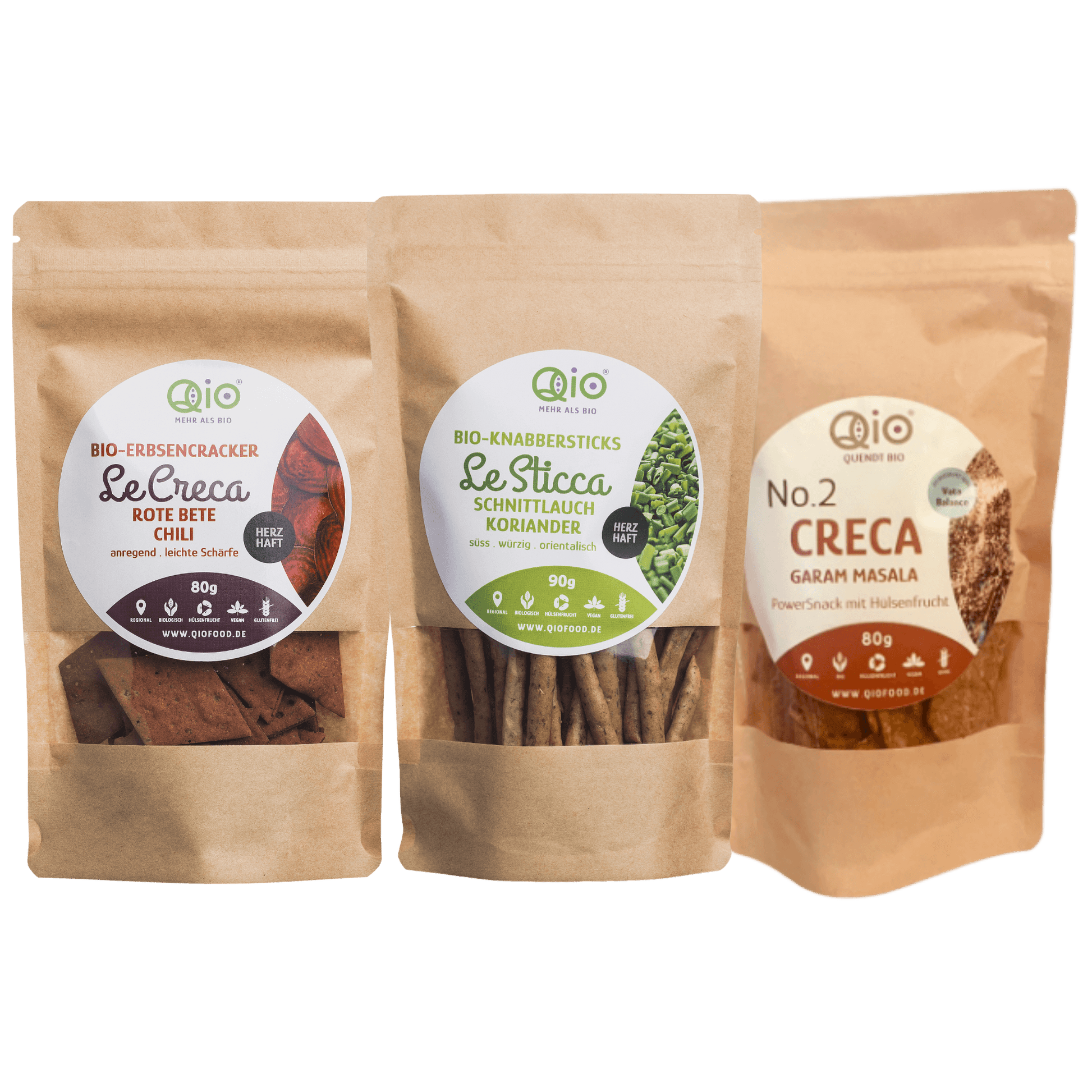 QiO Bohnen-Snack Bundle – Pikantes 3er-Set Bio-Ackerbohnen-Snacks für Deep-Work und Energie-Impulse.