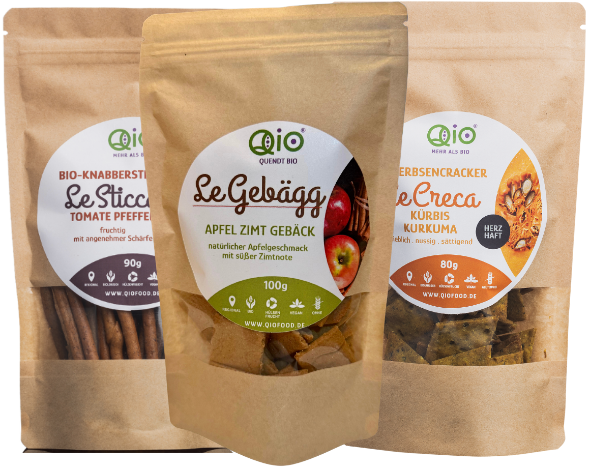 Das Qio-Entdecker-Bundle "Alphabet des Lebens" zeigt die drei edlen Manufaktur-Verpackungen von Sticca, Creca und Gebägg, die das neue Alphabet für Fokus, Energie und Stabilität repräsentieren.