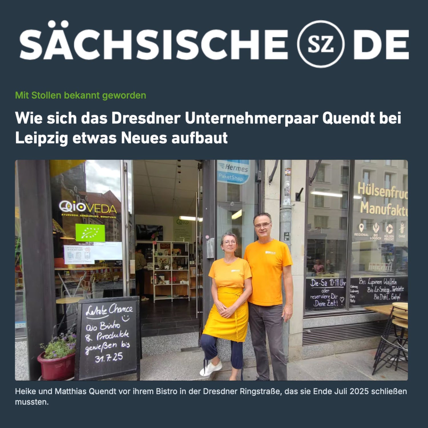 Offizieller Bericht der Sächsischen Zeitung über Heike und Matthias Quendt: Der Neuanfang der QiO Food KG in Jesewitz und der Weg vom Dresdner Traditionsbetrieb zur Resilienz-Schmiede.