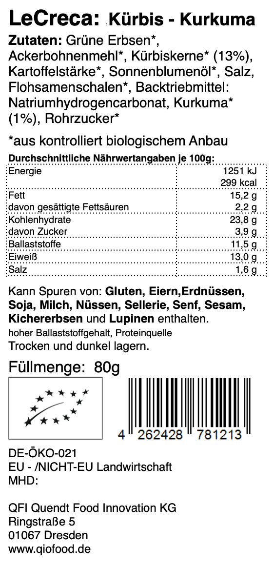 Bild eines LeCreca - Kürbis Kurkuma 80g Lebensmitteletiketts mit Nährwertangaben und Zutaten. Enthält Strichcode und QR-Code. Das Produkt verwendet natürliches Zut von Qio Food.