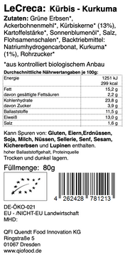 Bild eines LeCreca - Kürbis Kurkuma 80g Lebensmitteletiketts mit Nährwertangaben und Zutaten. Enthält Strichcode und QR-Code. Das Produkt verwendet natürliches Zut von Qio Food.