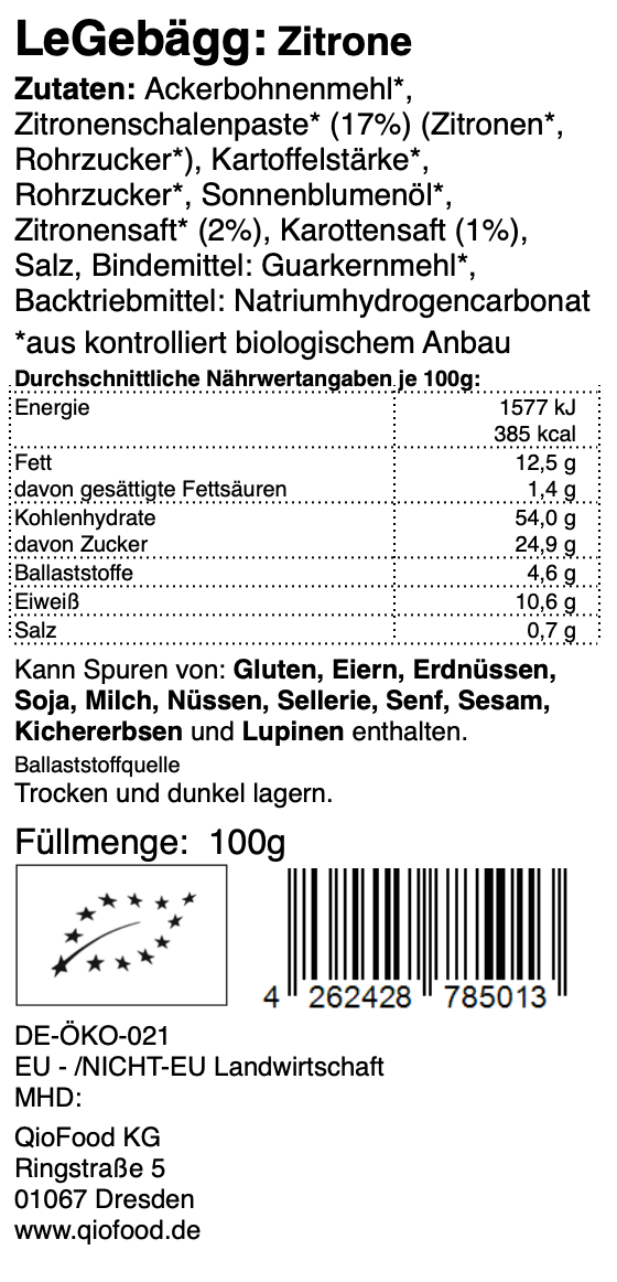 Bild eines Etiketts für LeGebägg - Zitrone 100 g mit deutscher Zutatenliste, Nährwertangaben, Strichcode und QR-Code. Der Text betont die biologischen und veganen Zutaten von Qio Food sowie Allergene wie Gluten und Eier.