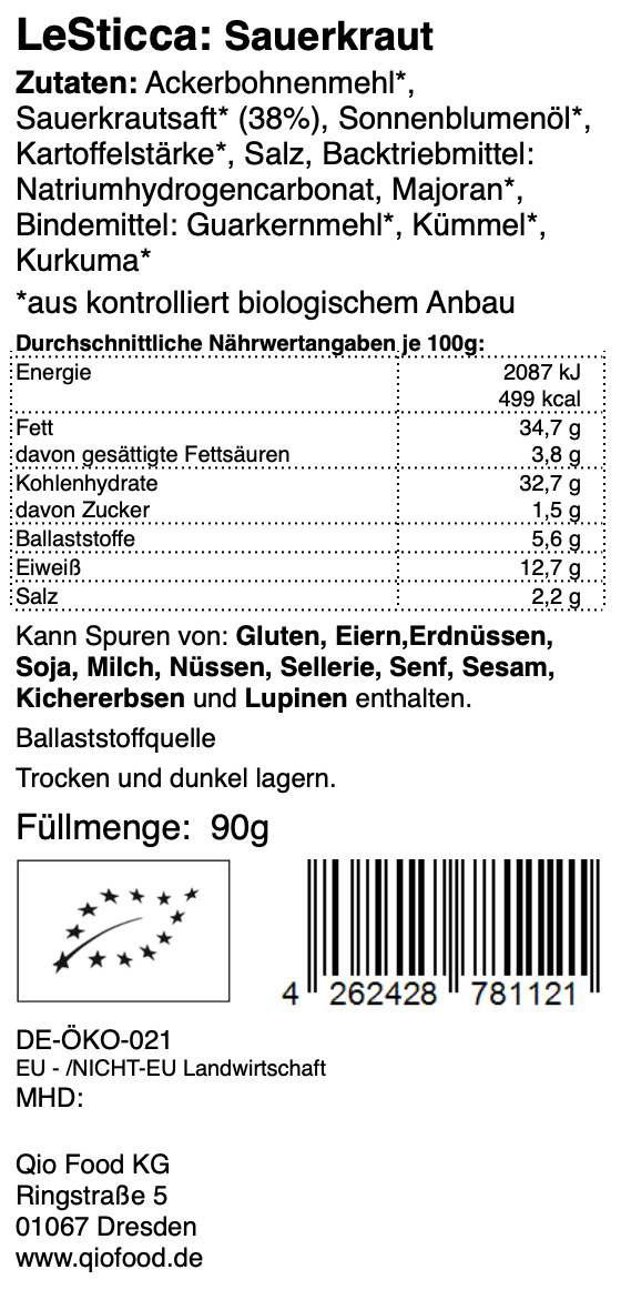 Bild, das die Nährwertkennzeichnung und Zutaten von LeSticca - Sauerkraut 90 g von Qio Food zeigt. Es enthält Details wie Energiegehalt, Fett, Kohlenhydrate, Ballaststoffe, Protein und den Prozentsatz der empfohlenen Tagesmenge.